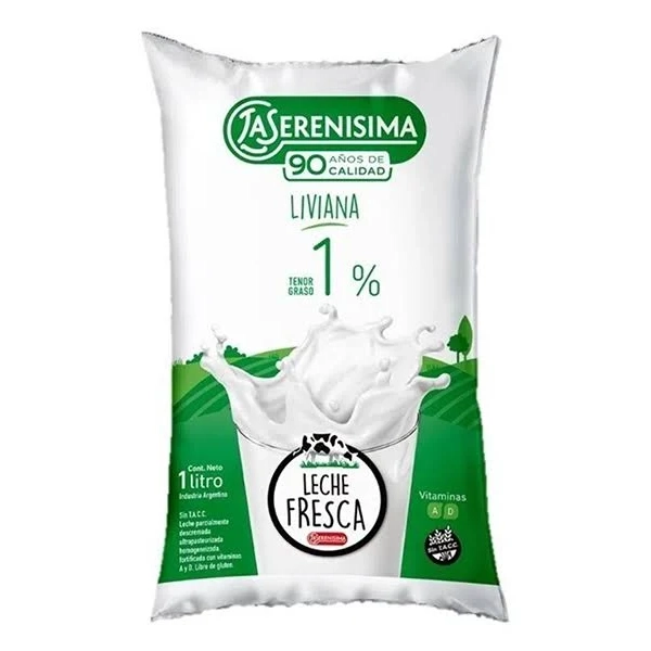 Leche liviana la serenisima sachet 1L LECHE LIVIANA LA SERENISIMA 1% SACHET X 1L - Imagen 1